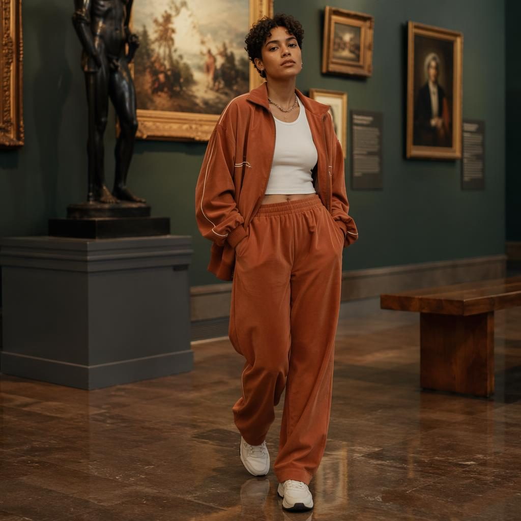 Model in streetwear posing candidly in an art gallery with autumn rust tones and editorial magazine lighting
