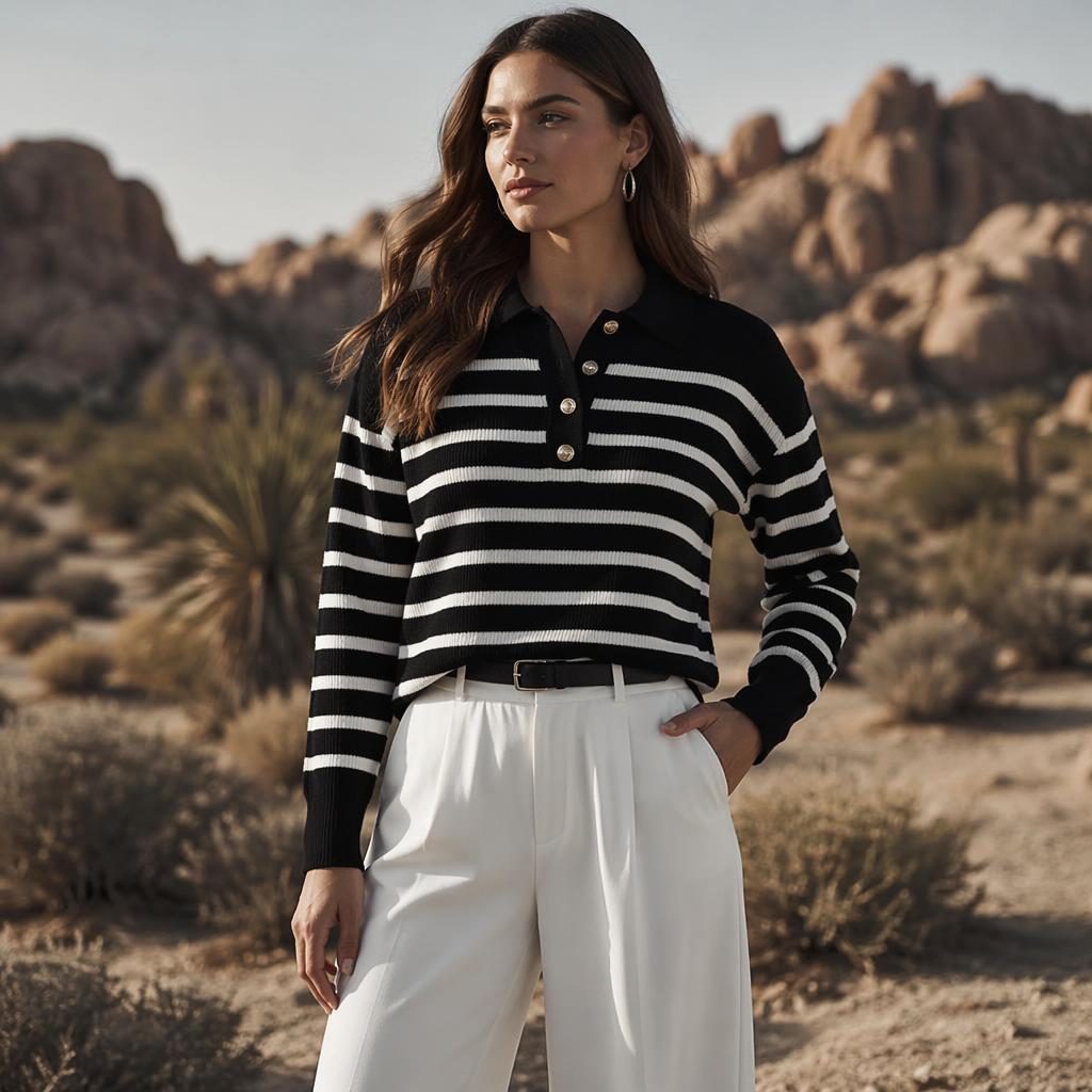 Editorial fashion model in a rosewe catalog outfit, posed naturally in a desert setting with a black and white palette.