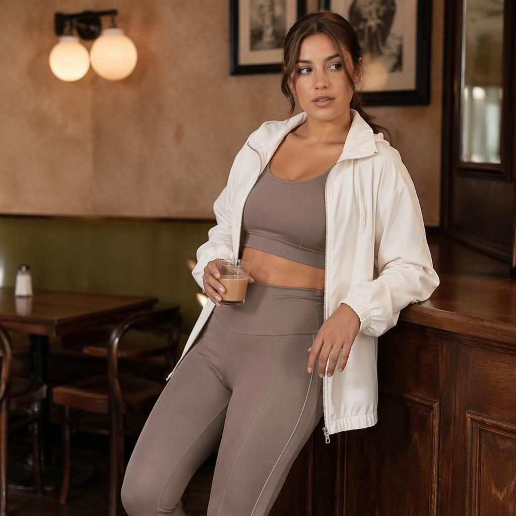 Editorial fashion model in muted neutral sportswear posing naturally inside a dreamy vintage cafe with soft lighting.