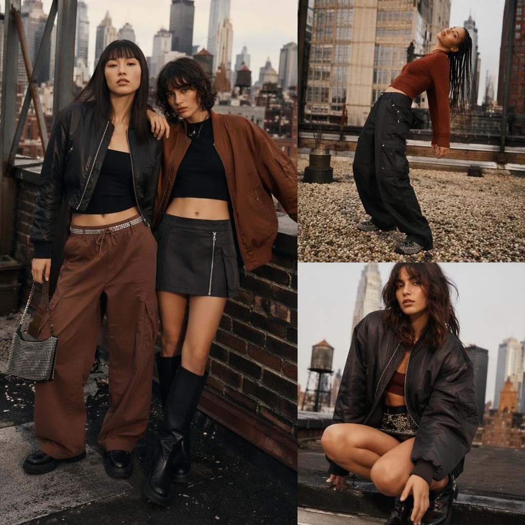 Editorial fashion model in a y2k-inspired alexander wang lookbook outfit on a city rooftop with autumn rust tones