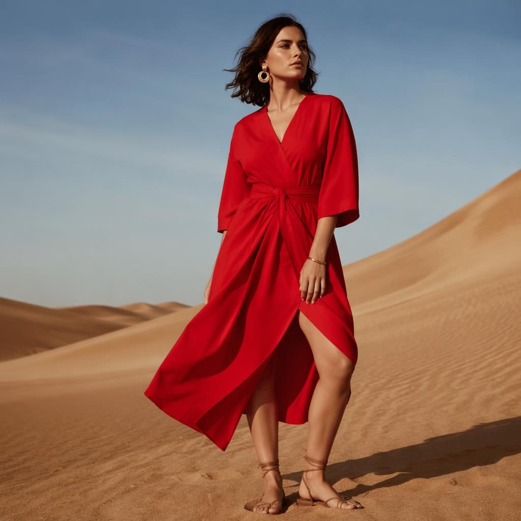 Model in minimalist womens fashion clothing in a desert setting with bold high-contrast lighting and a confident pose.