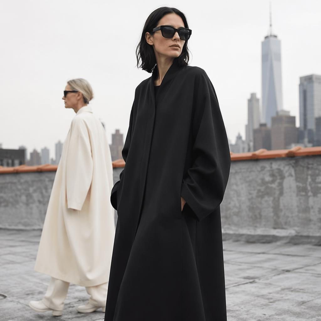 Generic model in a minimalist The Row lookbook outfit on a city rooftop, candid pose, bold high-contrast editorial lighting