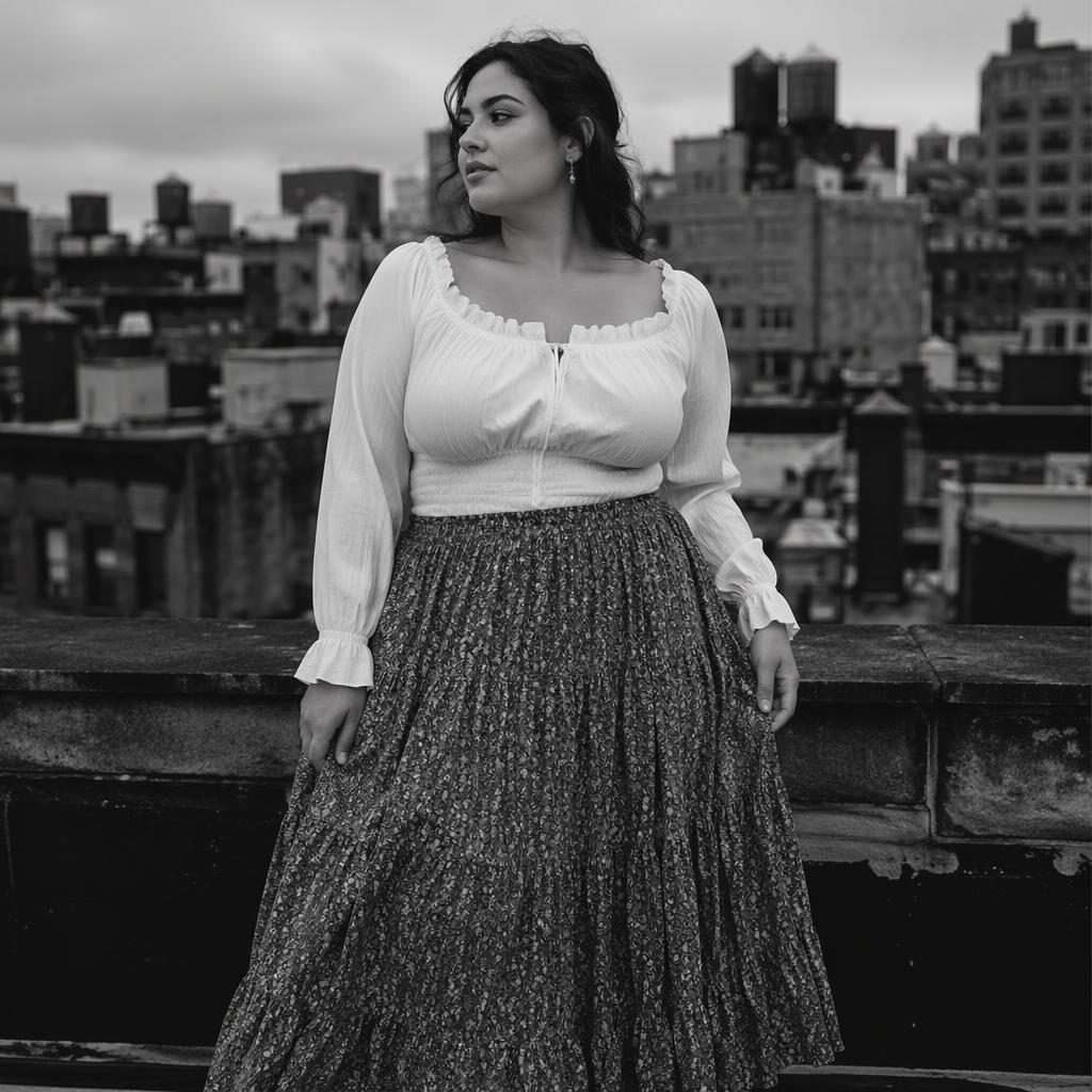 Black and white editorial fashion photo of a plus size model in cottagecore styling on a moody city rooftop.