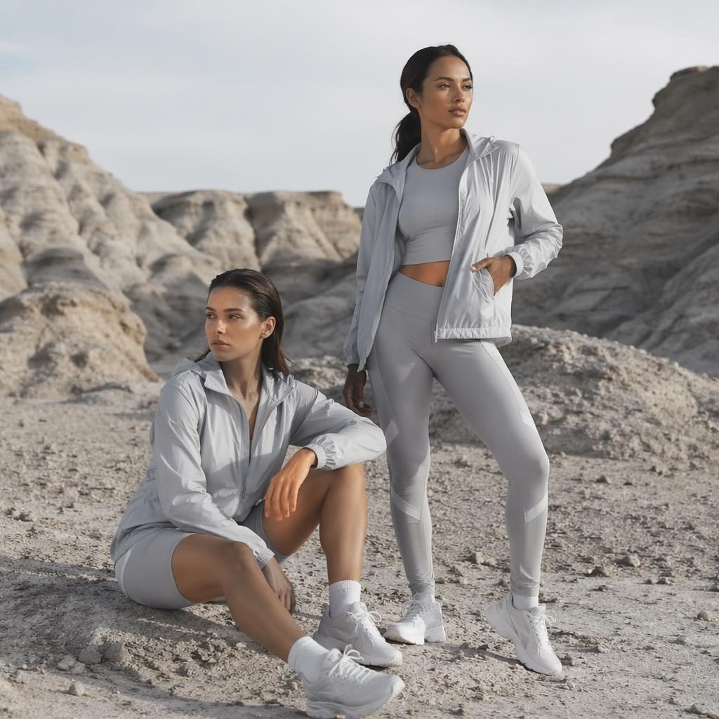 Model in cool gray athletic sportswear posing in a desert with luxury editorial lighting and a natural stance