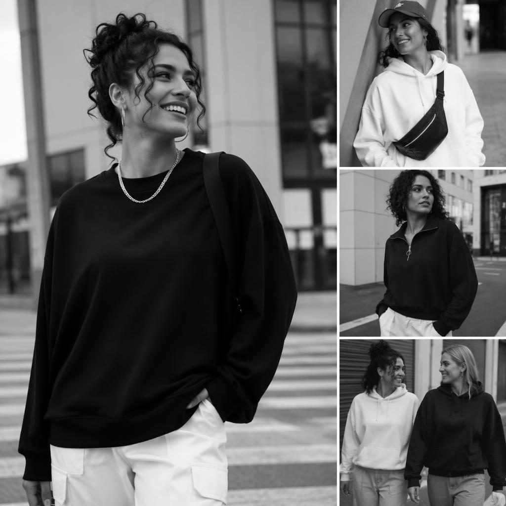 Editorial fashion lookbook photograph. Outfit: berrylook catalog. Aesthetic: streetwear urban, location: urban street, p