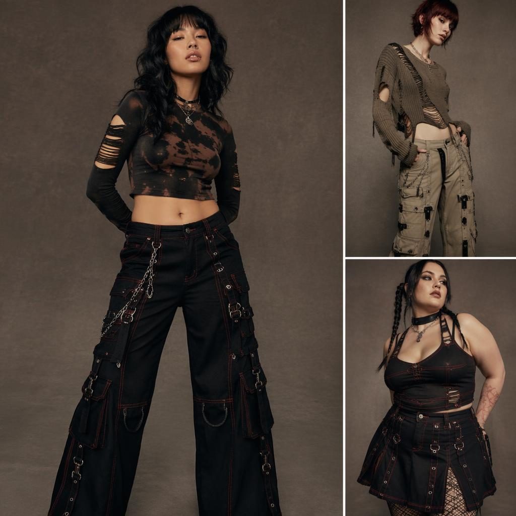 Editorial fashion model in a grunge edgy tripp nyc catalog look, posed candidly in a neutral studio with warm earth tones.