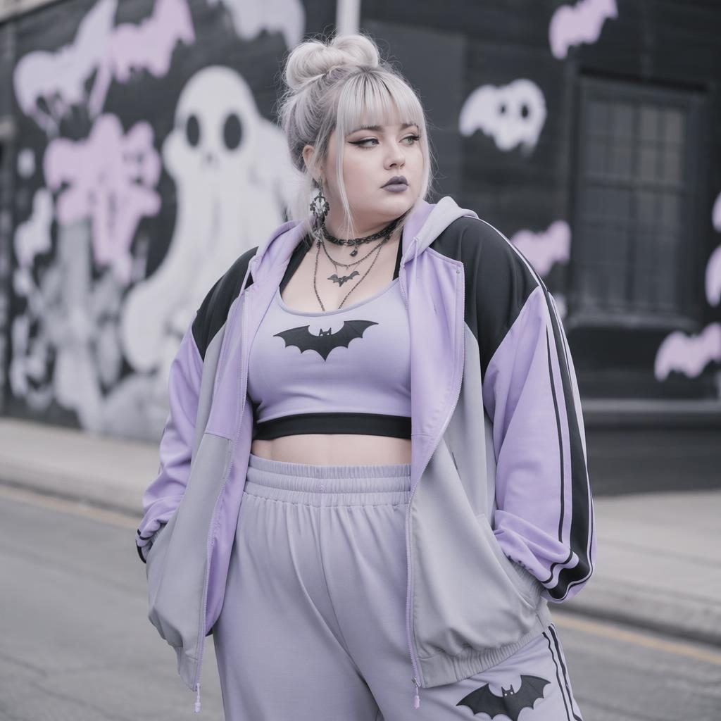 Editorial fashion model in a pastel goth lookbook with sporty streetwear styling on an urban street in a dreamy cool gray mood.