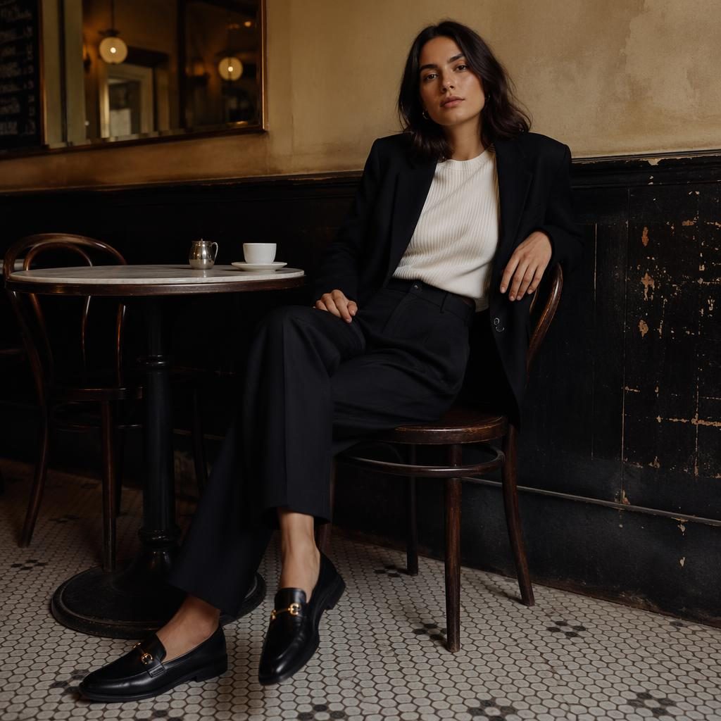 Model in a minimalist outfit lookbook pose inside a vintage cafe with dark moody lighting and a bold high-contrast palette.