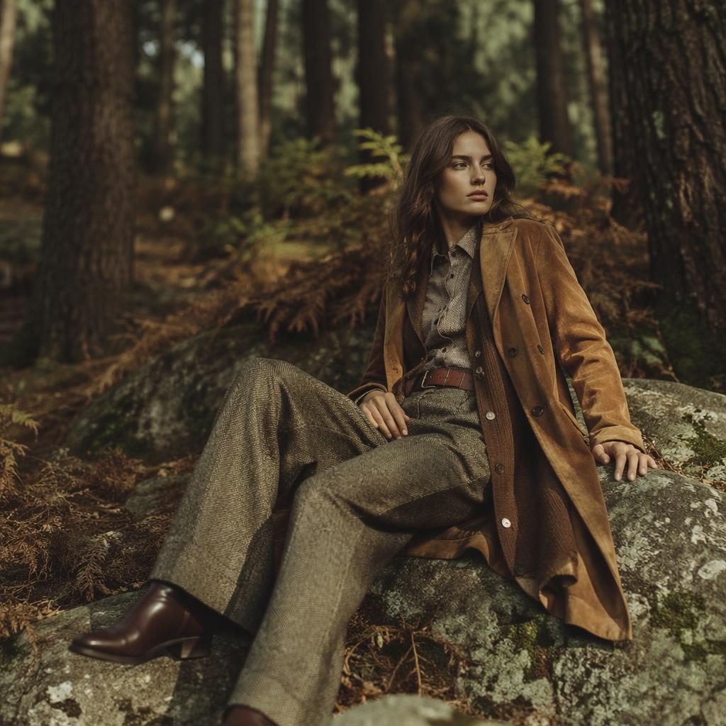 Editorial fashion model in a vintage 70s-inspired outfit standing in a forest with warm earth tones and a cool confident pose