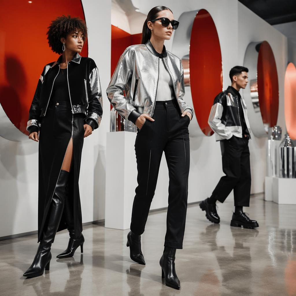 Model in a futurist zolucky catalog outfit posing naturally in a modern art gallery with bold lighting and contrast.