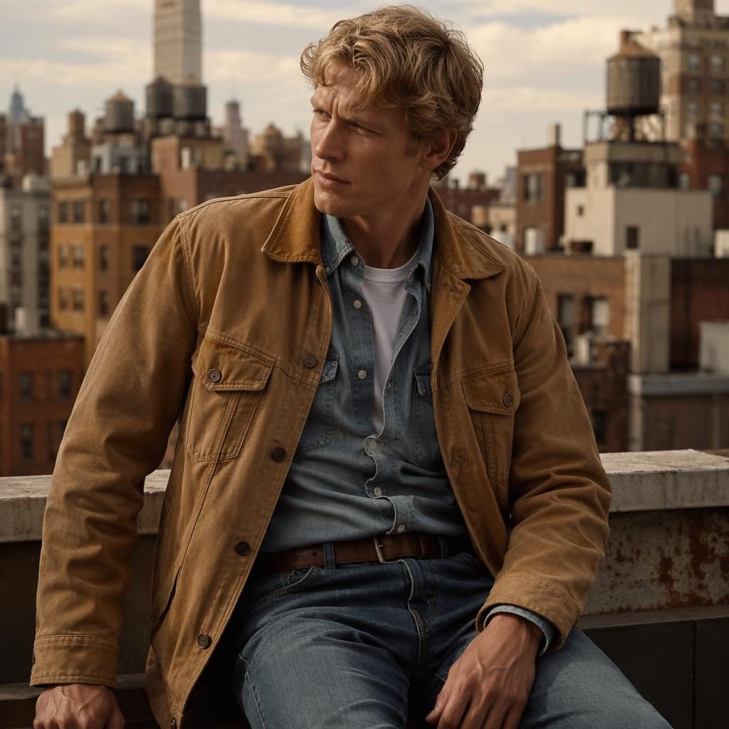 Editorial fashion model on a rooftop city setting in warm earth-toned cottagecore clothing, posed naturally in quiet light.