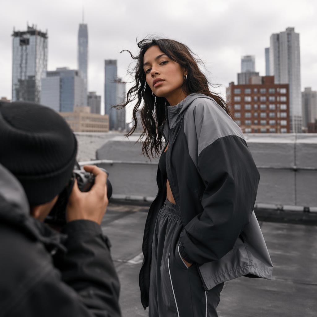 Editorial fashion model photographer in streetwear posing on a rooftop with city skyline, cool gray tones and bold energy.