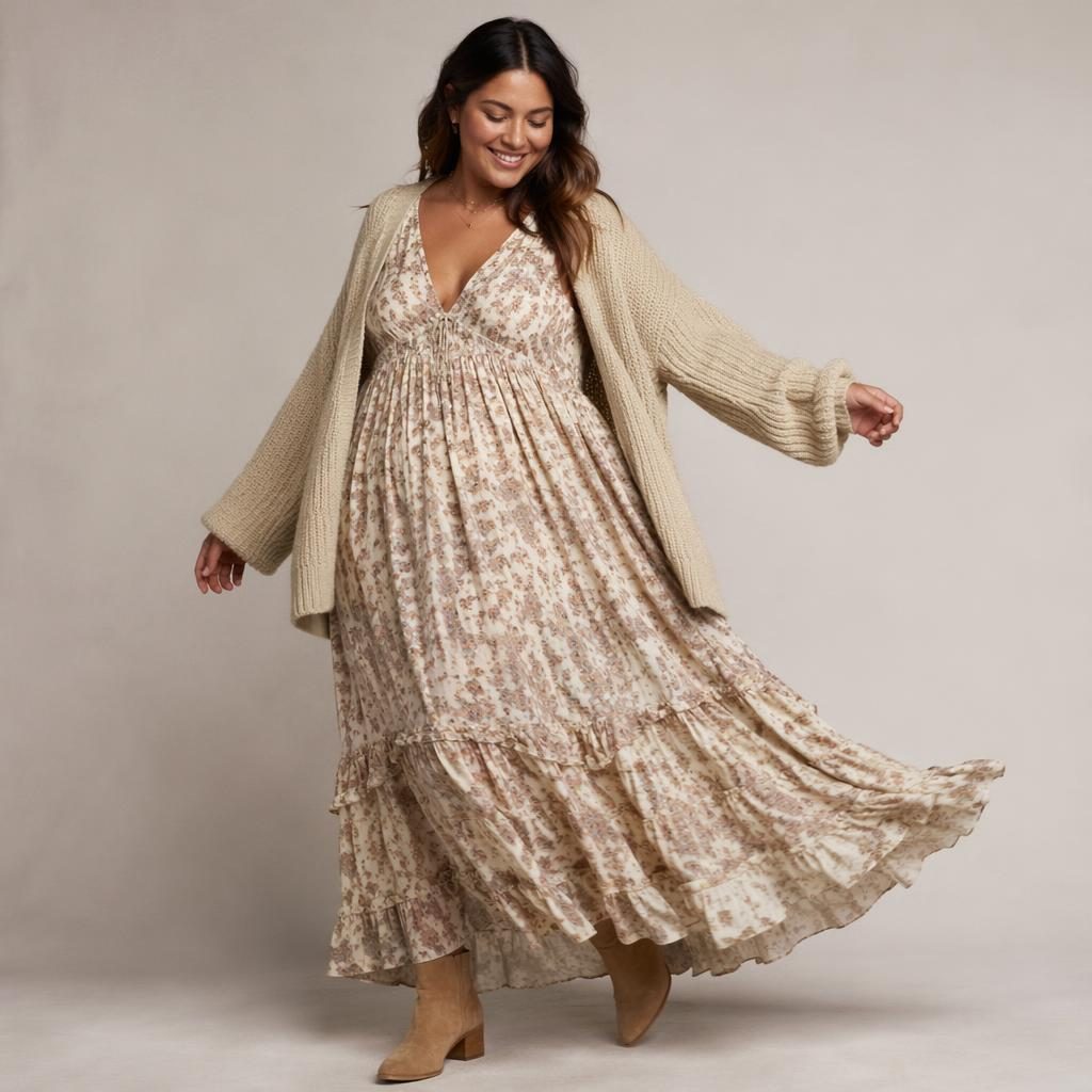 Model in fließendem Boho-Outfit in neutralem Studio, natürliche Pose, verspielte Stimmung, gedeckte Naturtöne