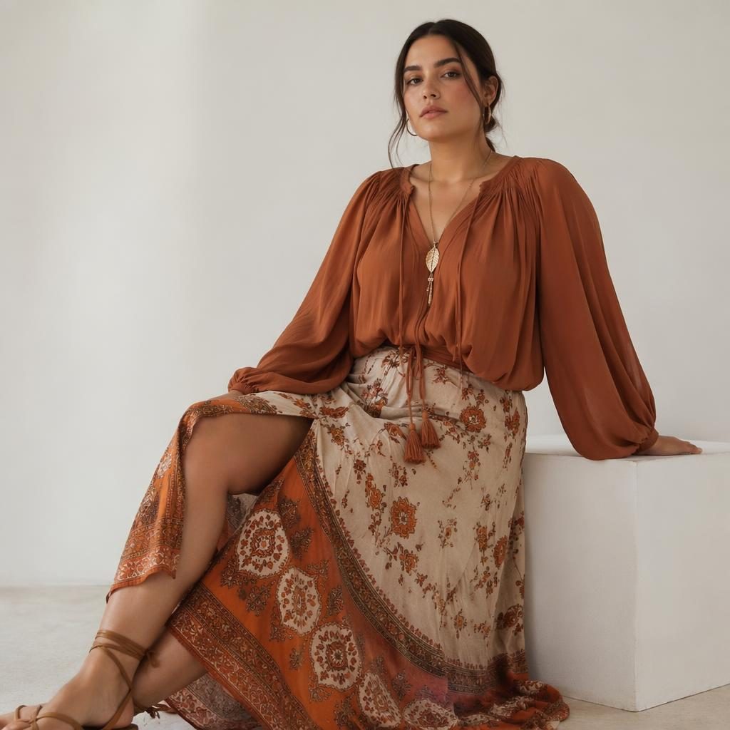 Editorial fashion model in a flowy bohemian outfit posed naturally in a minimalist white space with bold contrast lighting.