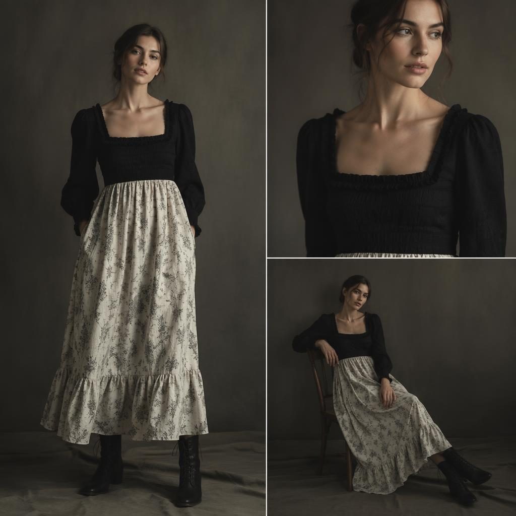 Photo de mode en noir et blanc d’un modèle en studio neutre, pose naturelle, ambiance sombre et style cottagecore.