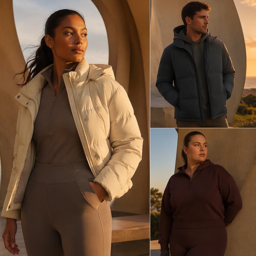 Model in sporty early winter clothing posing outside a modern architectural building in warm sunset light.