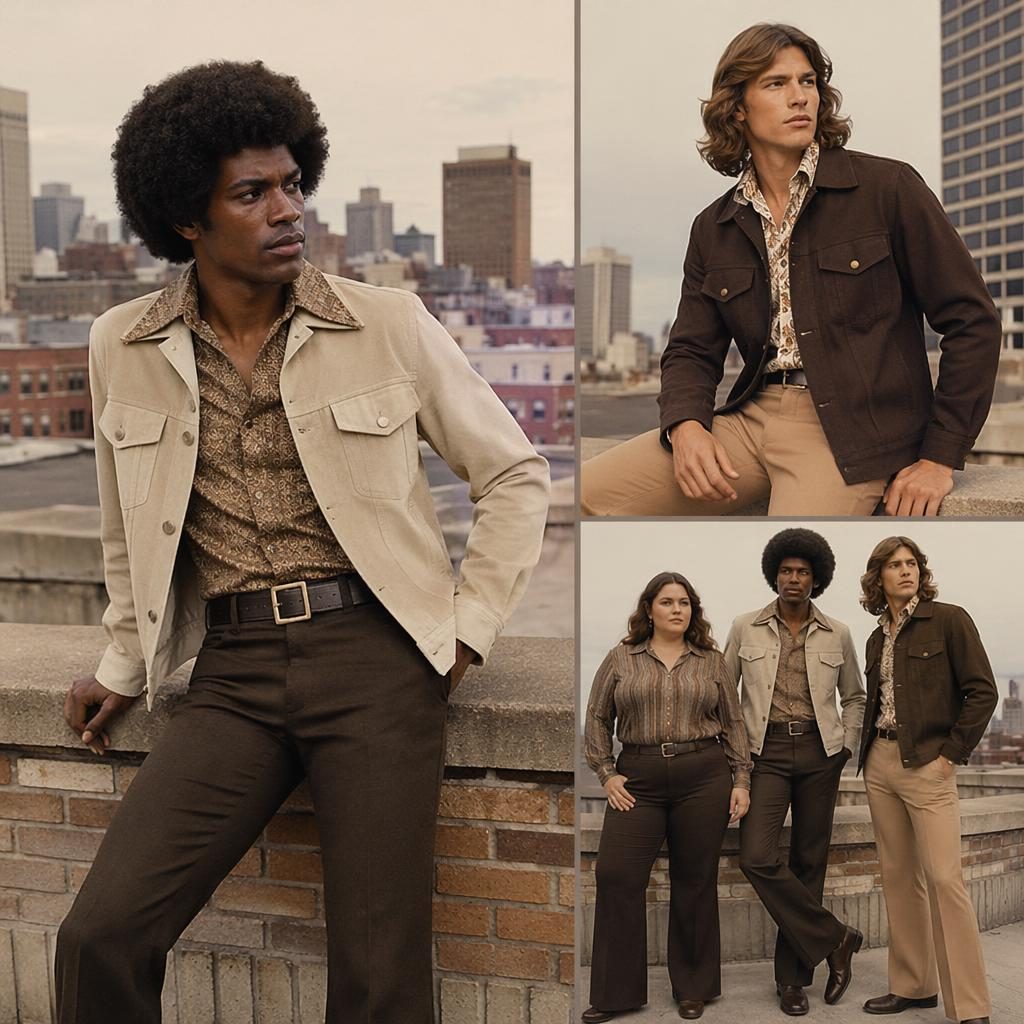 Model in muted neutral vintage 70s outfit on a city rooftop, bold editorial pose with magazine-style lighting