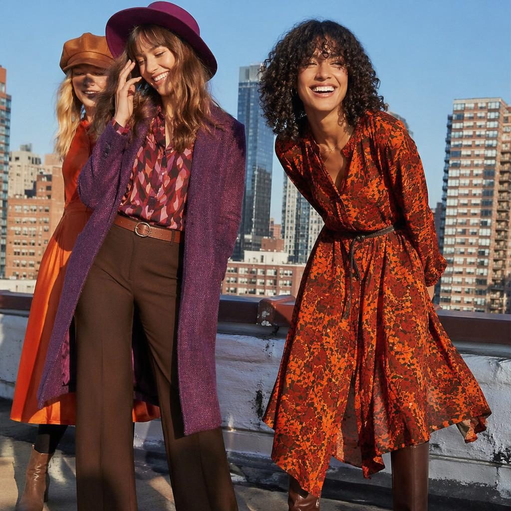 Mannequin en tenue mode automne-hiver style années 70 sur un rooftop urbain, pose naturelle, palette contrastée.
