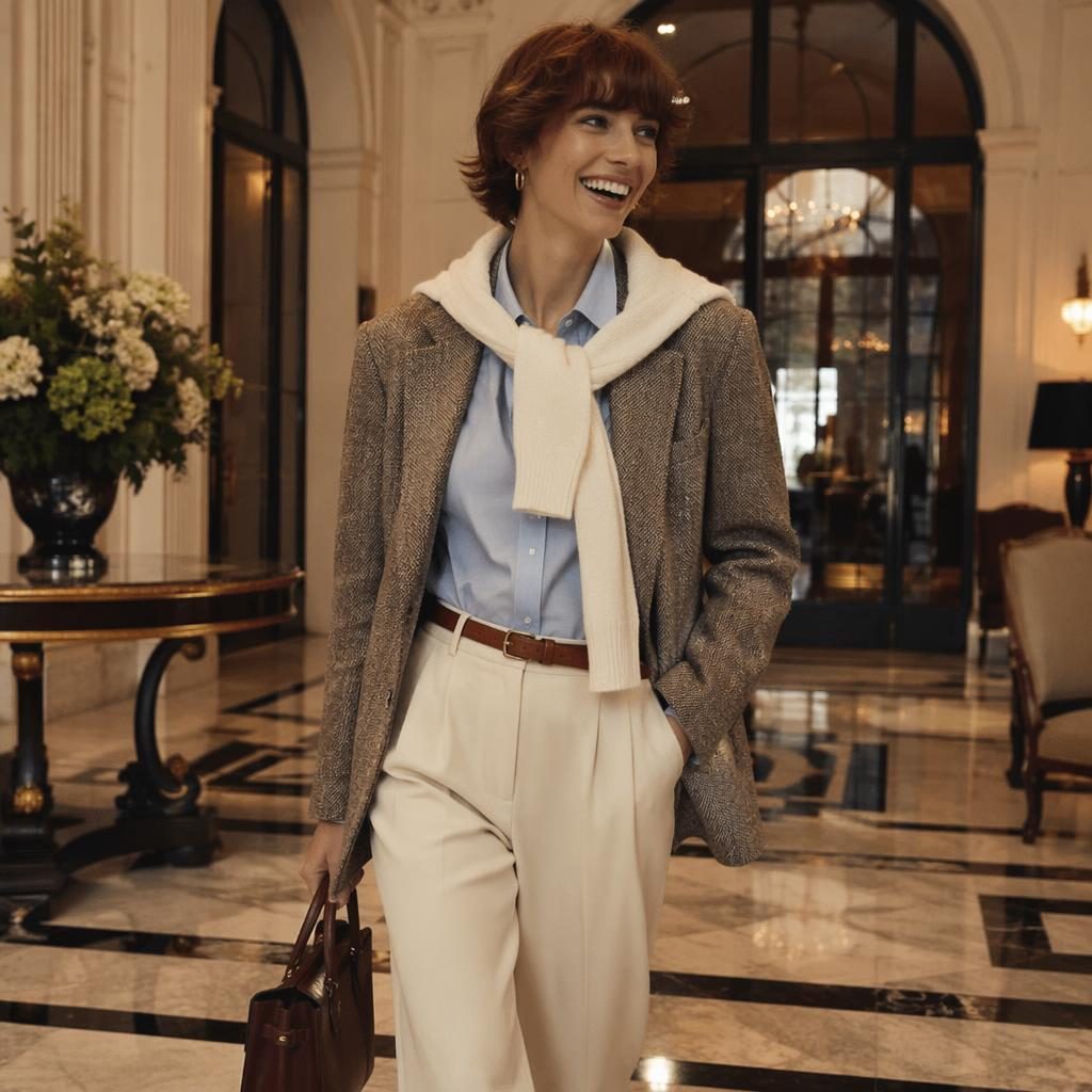 Editorial fashion model in muted neutral preppy attire posing candidly in a luxury hotel lobby with magazine-style lighting.