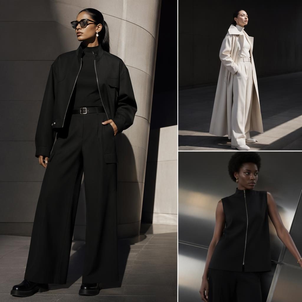 Editorial fashion model in a futurist outfit at a dramatic architectural building with dark moody lighting.