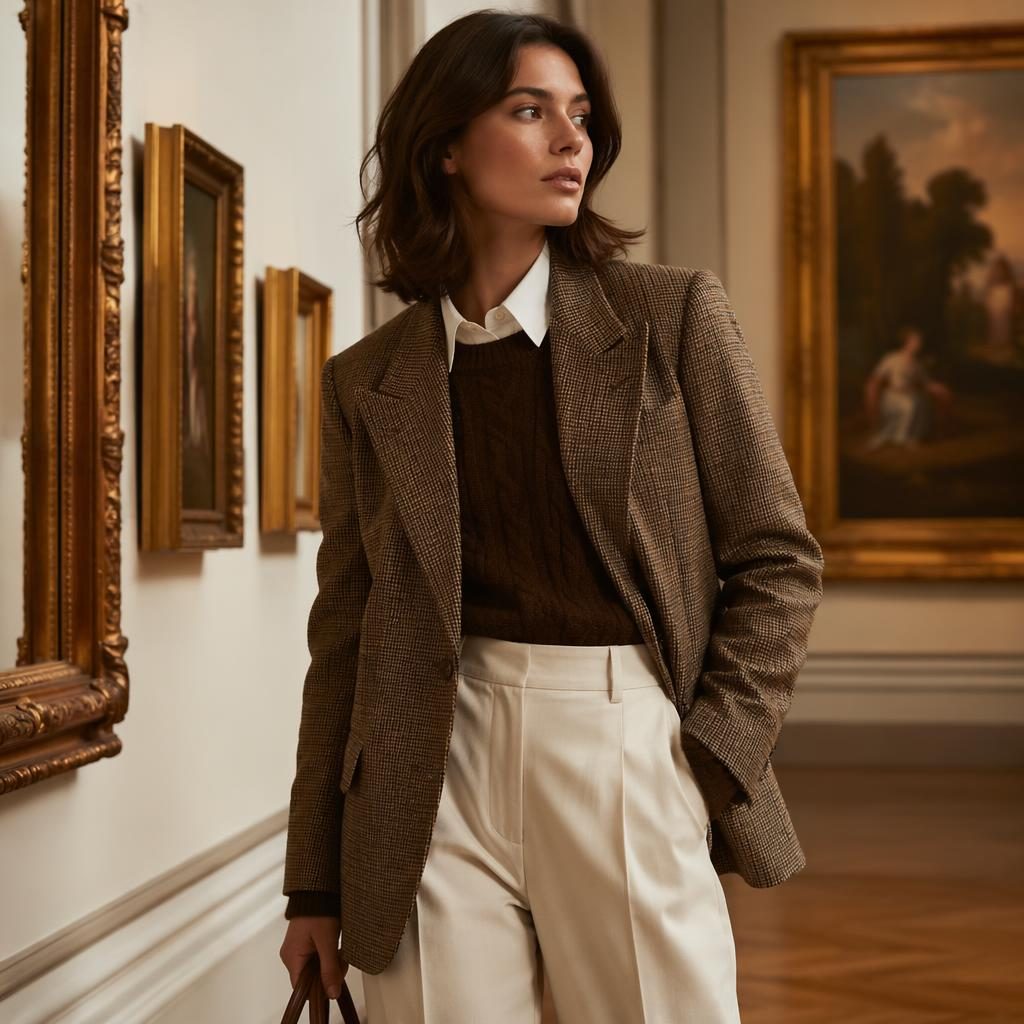Editorial fashion portrait of a model in an old money preppy outfit standing in a warm-toned art gallery