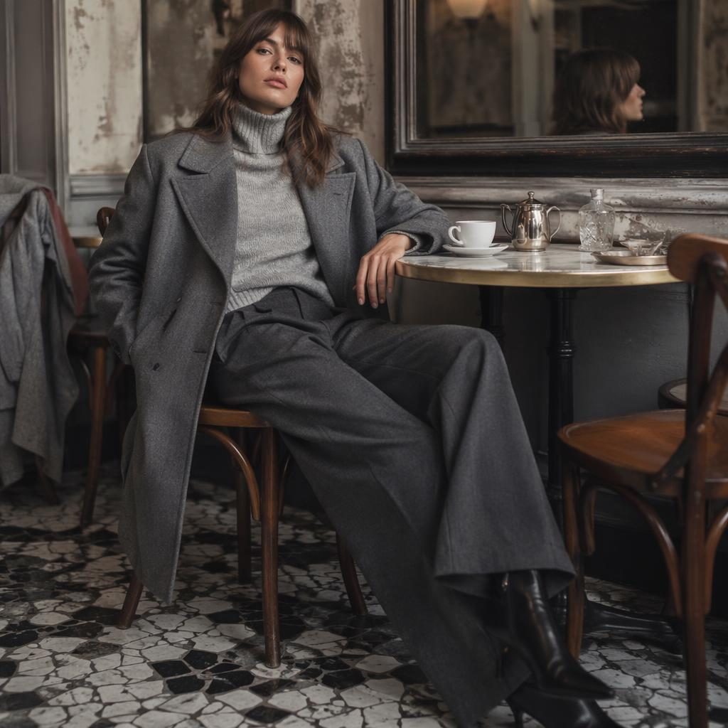 Model in modernem Editorial-Outfit in einem Vintage-Café, kühle Grautöne, dynamische Pose, Magazinlicht.