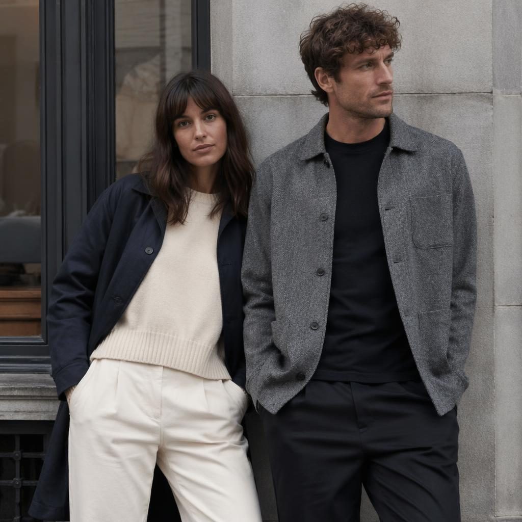 Editorial fashion model in a minimalist clifford and wills clothing catalog look on a quiet urban street in cool gray tones.