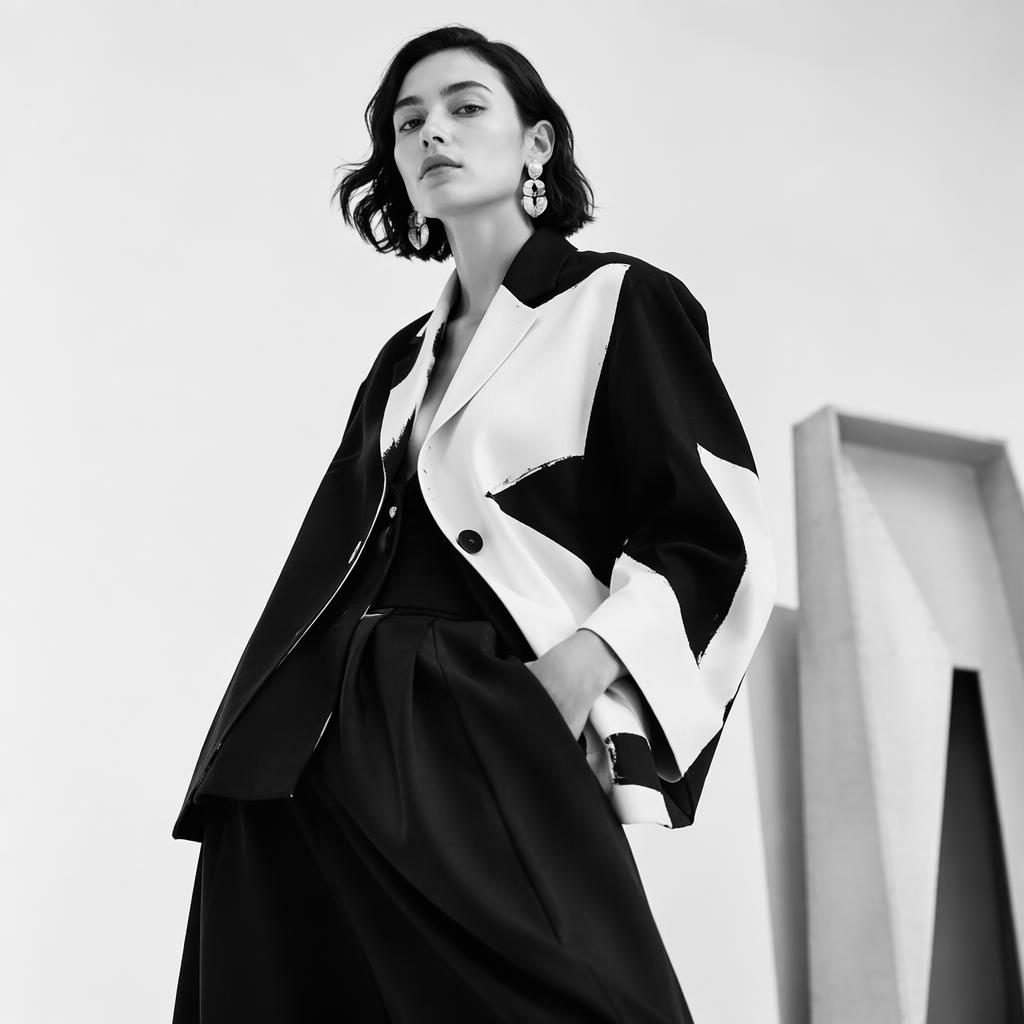 Editorial fashion model in a marni lookbook outfit posing naturally in a minimalist white studio, black and white palette.