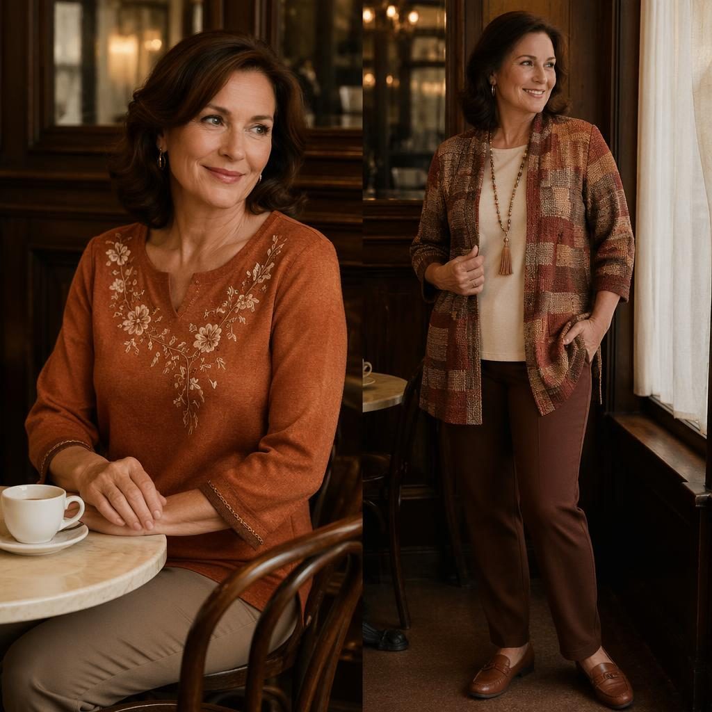 Editorial fashion model in a preppy autumn outfit inside a vintage cafe with dark moody lighting and rust tones