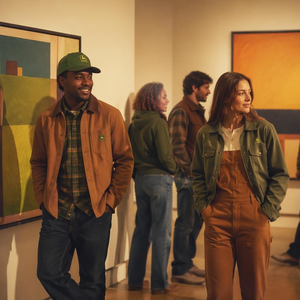 Model in a John Deere-inspired outfit posing candidly in an art gallery with warm sunset tones and vintage 70s styling.