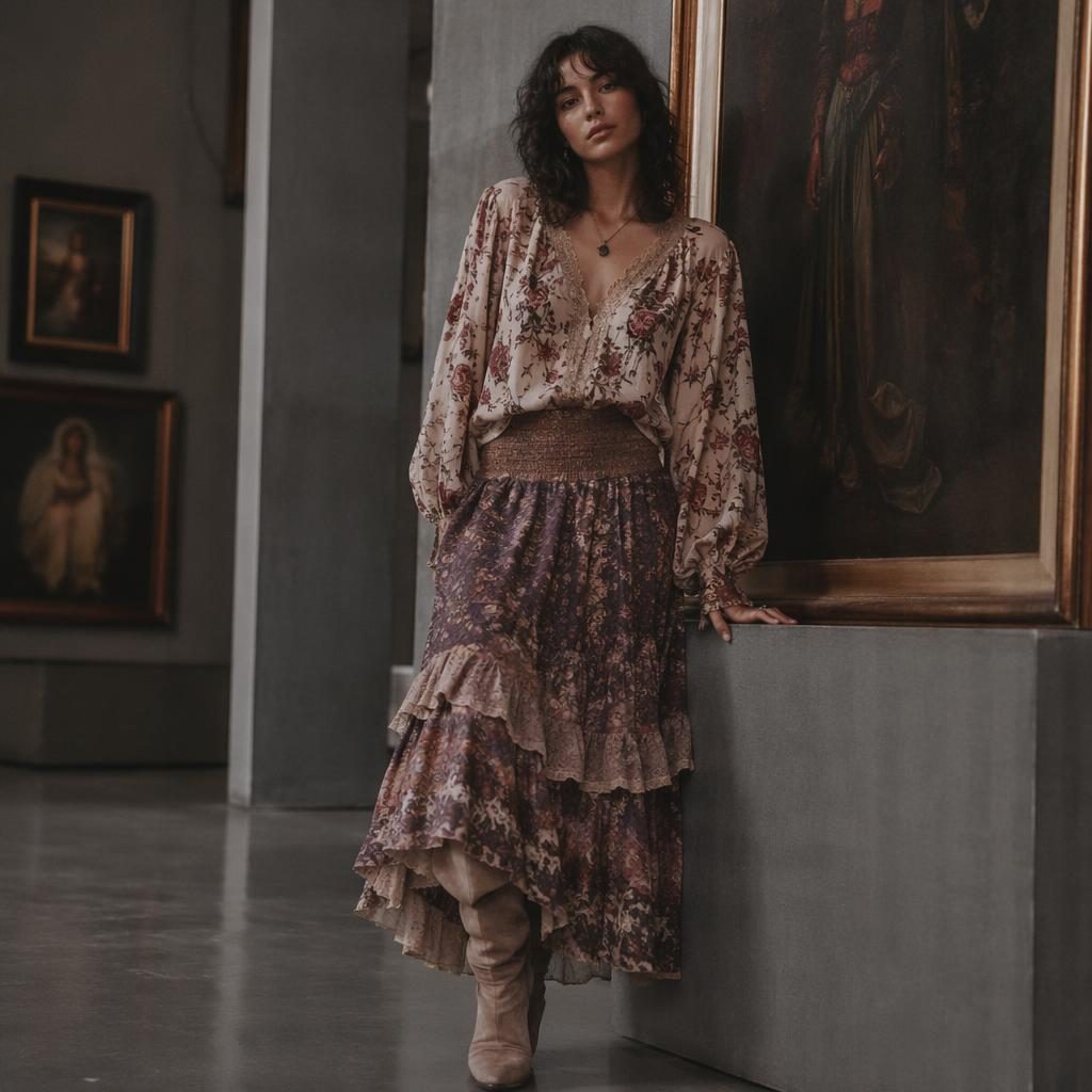 Model in vintage 70s-inspired gypsy rose clothing catalog look standing naturally in a dark, cool gray art gallery