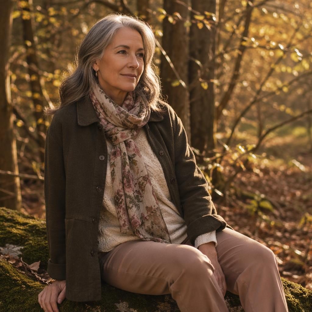 Editorial fashion model in a cottagecore outfit standing in a forest at sunset, styled for a clothes for over 50s catalogue