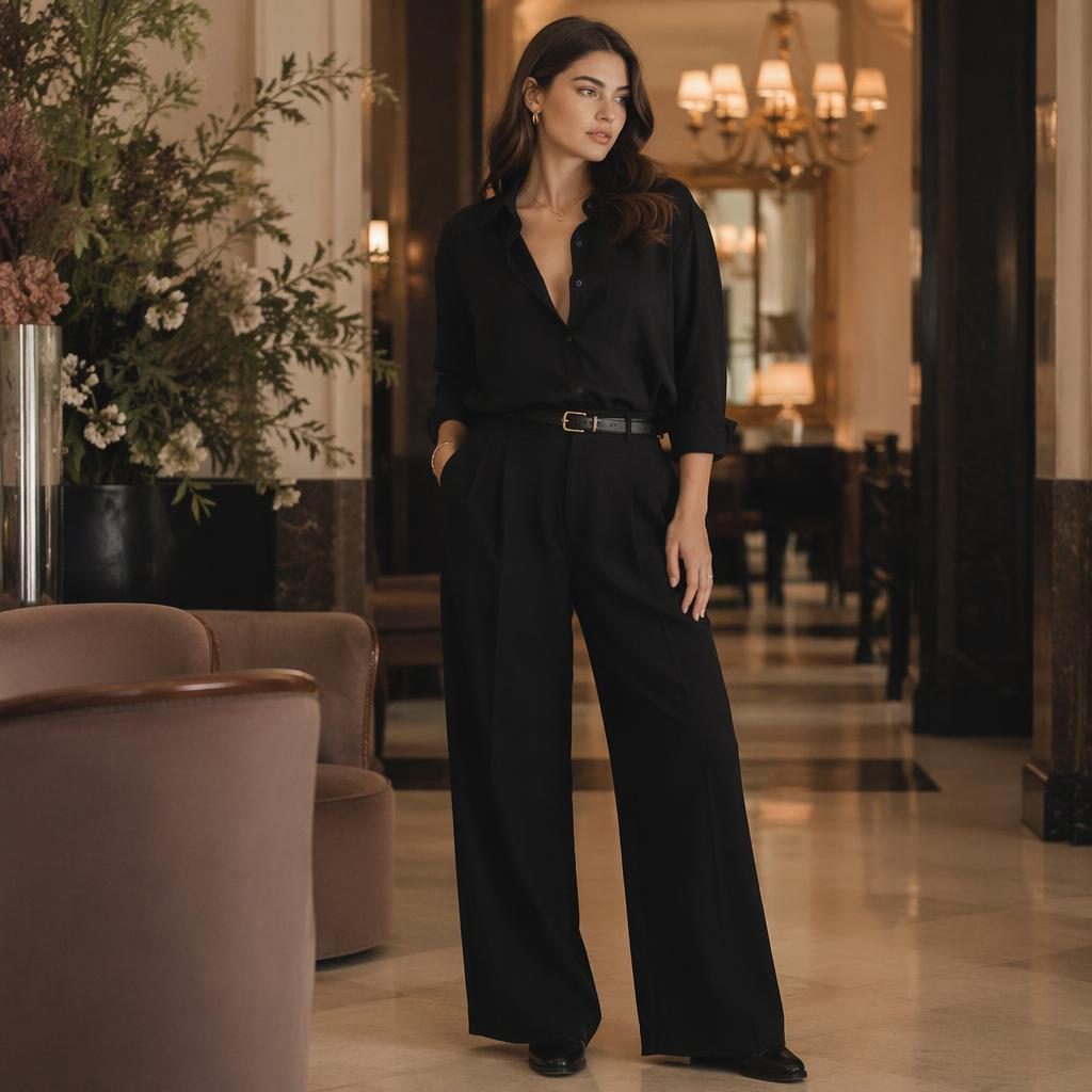 Editorial fashion model in a black outfit posing naturally in a luxury hotel lobby with soft dreamy lighting.