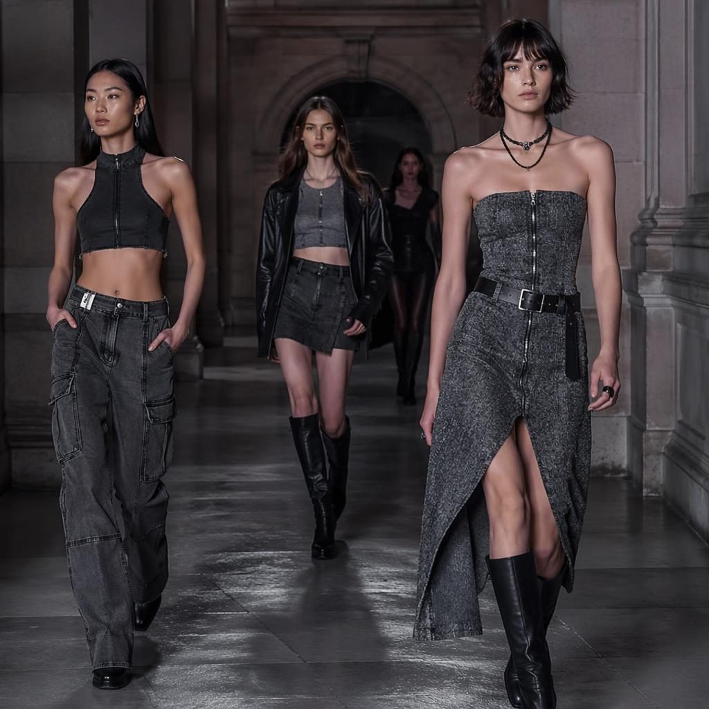 Editorial fashion model in a runway photoshoot pose inside a modern architectural building, lit in cool gray moody tones