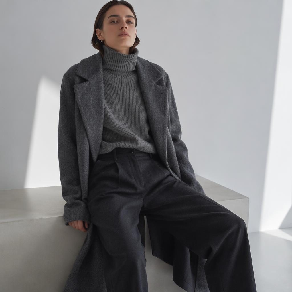 Model in a fall winter lookbook outfit posing naturally in a minimalist white space with cool gray tones.