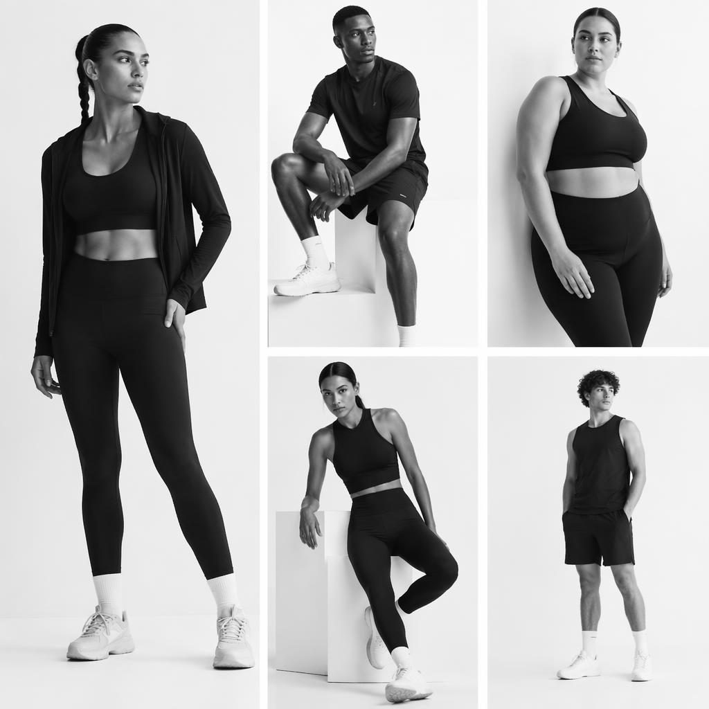 Editorial fashion model in a black and white sportswear outfit posed in minimalist white space with clean magazine lighting.