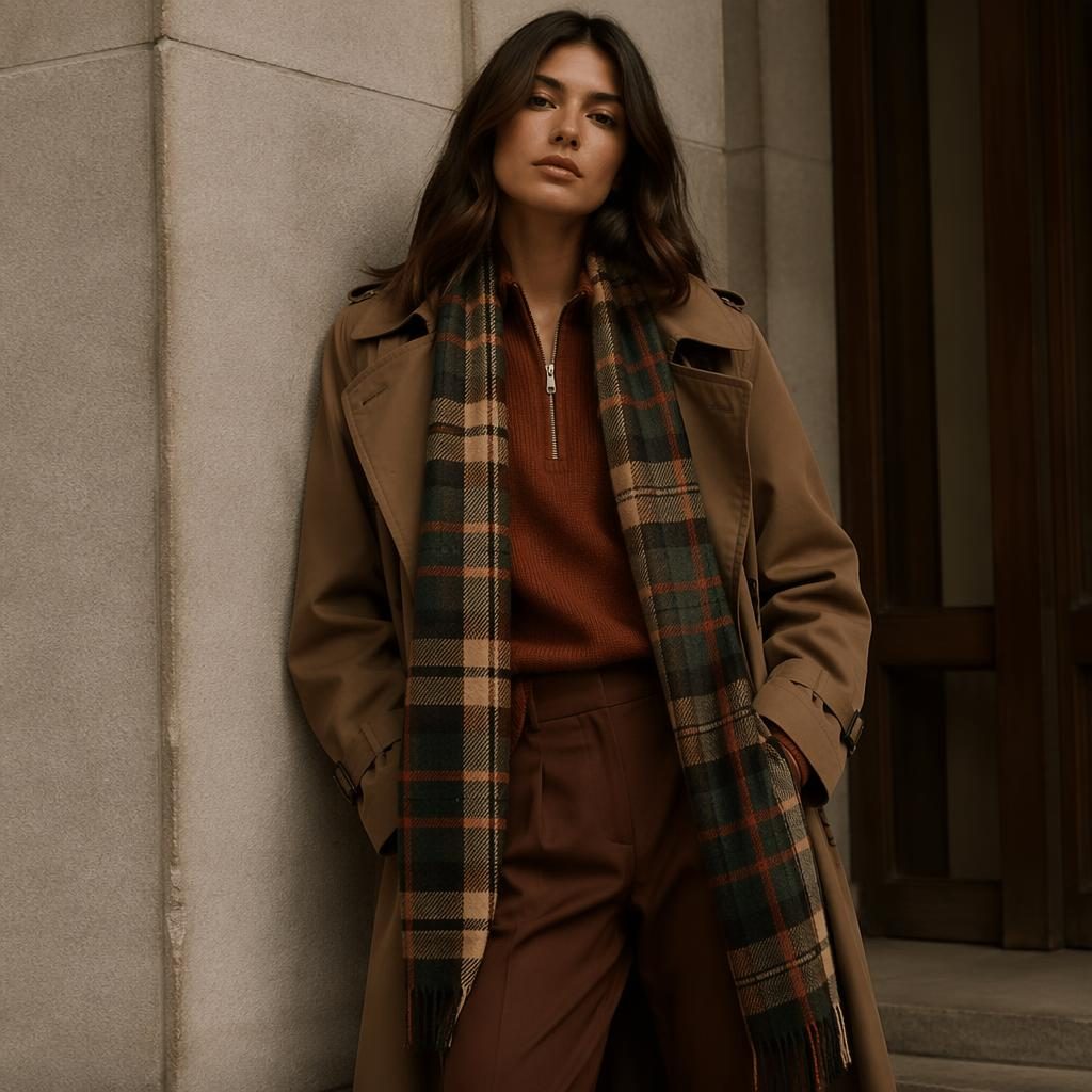 Model in a burberry editorial-inspired streetwear outfit posing by a modern architectural building in autumn rust tones