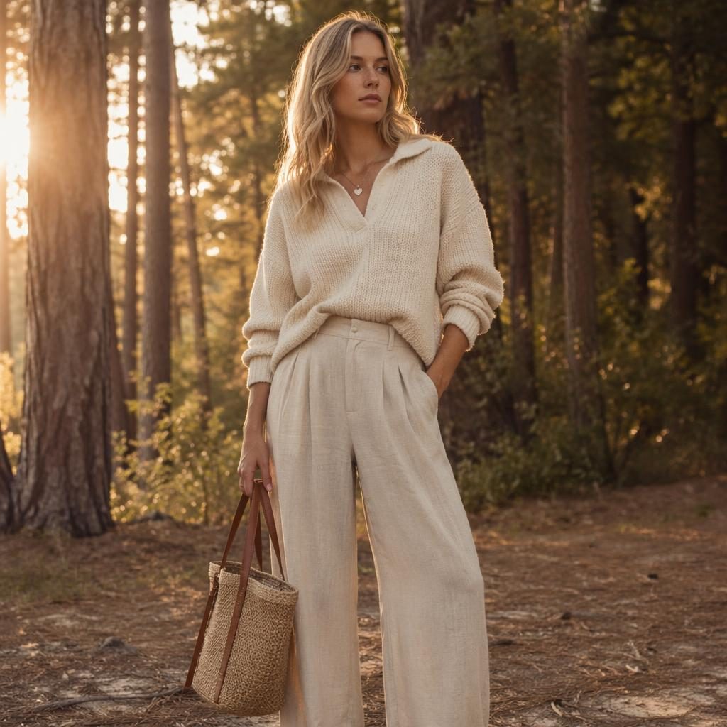 Editorial fashion lookbook photograph. Outfit: fotograf fashion. Aesthetic: coastal grandmother, location: forest, dream