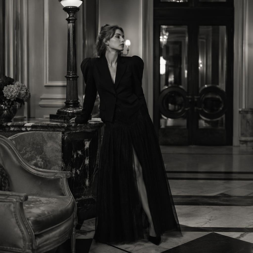 Black and white editorial fashion lookbook image of a model in a dark academia outfit standing naturally in a luxury hotel lobby.