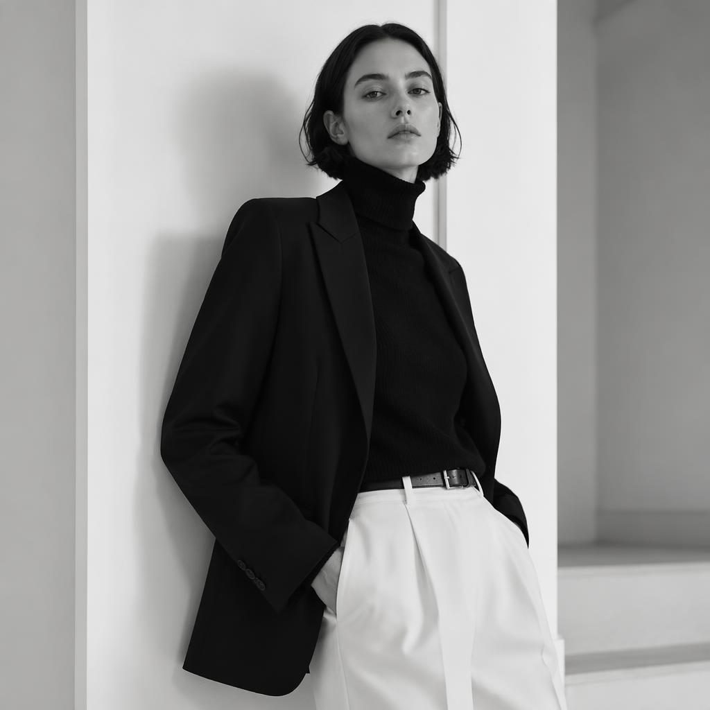 Editorial fashion lookbook image of a model in a khaite lookbook outfit in a minimalist white space, black and white.