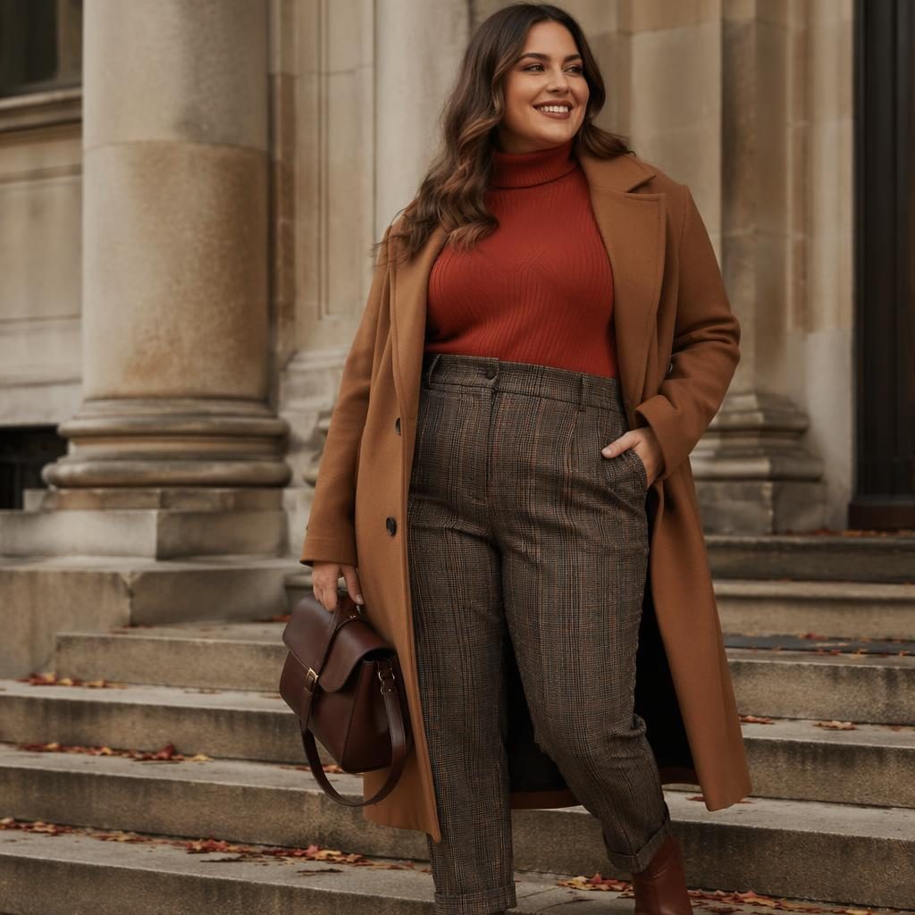 Plus-size model in a dark academia outfit posing candidly in an architectural building with warm autumn rust tones.