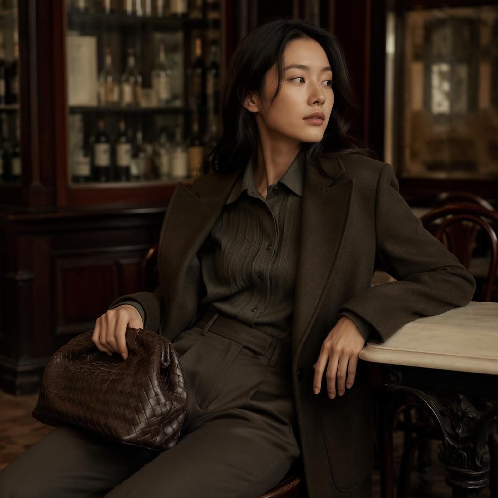 Editorial fashion model in muted neutrals posing naturally inside a vintage cafe with dark academia styling