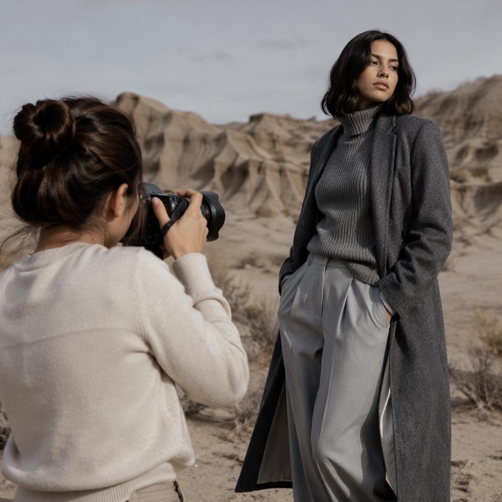 Modelo genérico en lookbook editorial en el desierto, estética dark academia, pose natural y paleta gris fría
