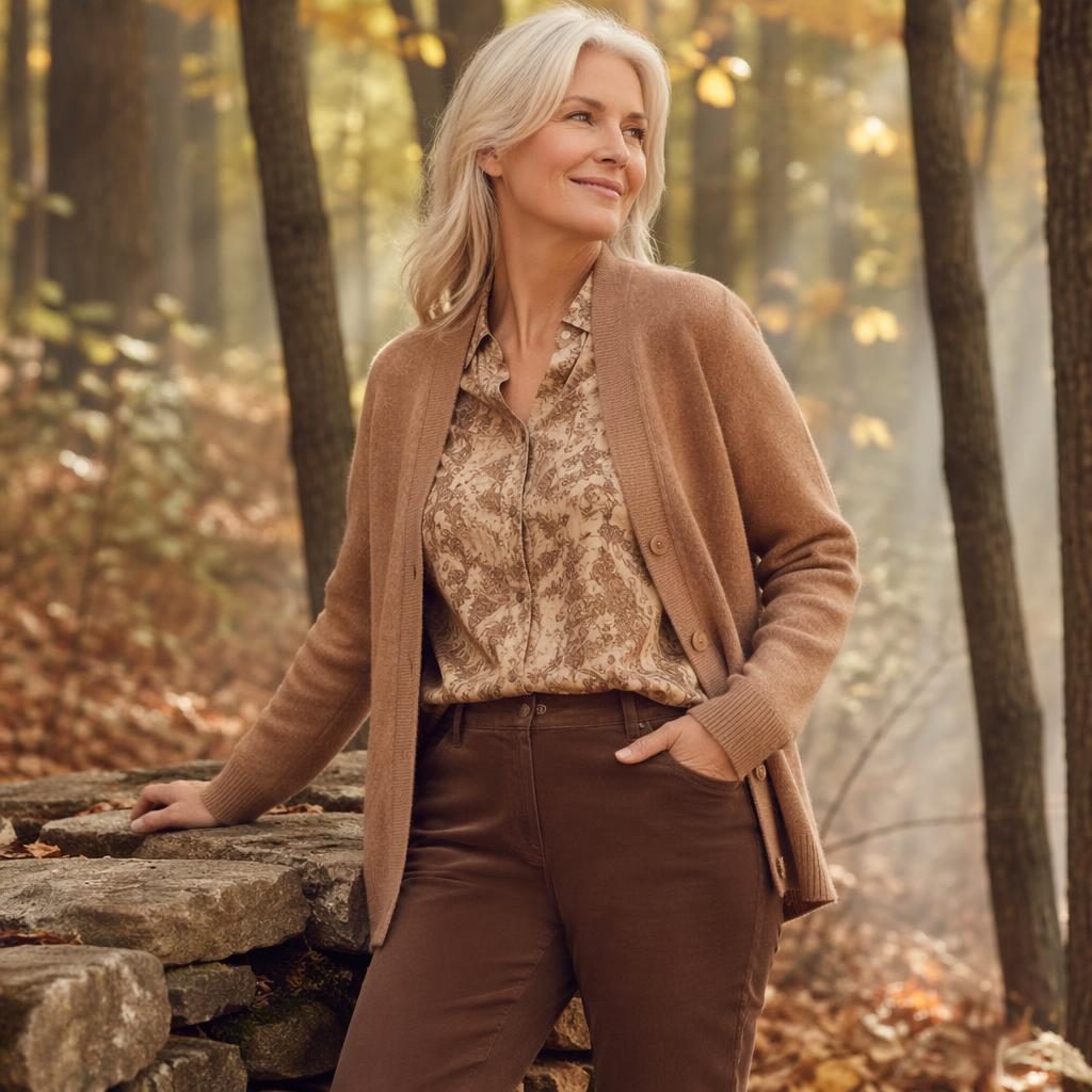 Fashion model in a vintage 70s-inspired outfit standing in a forest with soft dreamy light and warm earth tones.