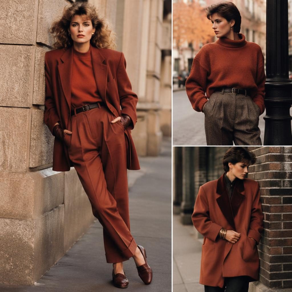 Model in an 80s-inspired outfit posing on a quiet urban street with autumn rust tones and editorial runway lighting.