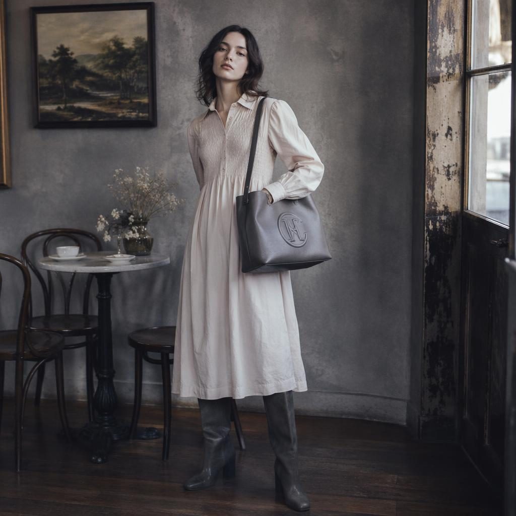Editorial fashion model in a Telfar-inspired lookbook outfit posing naturally inside a vintage cafe with cool gray tones.
