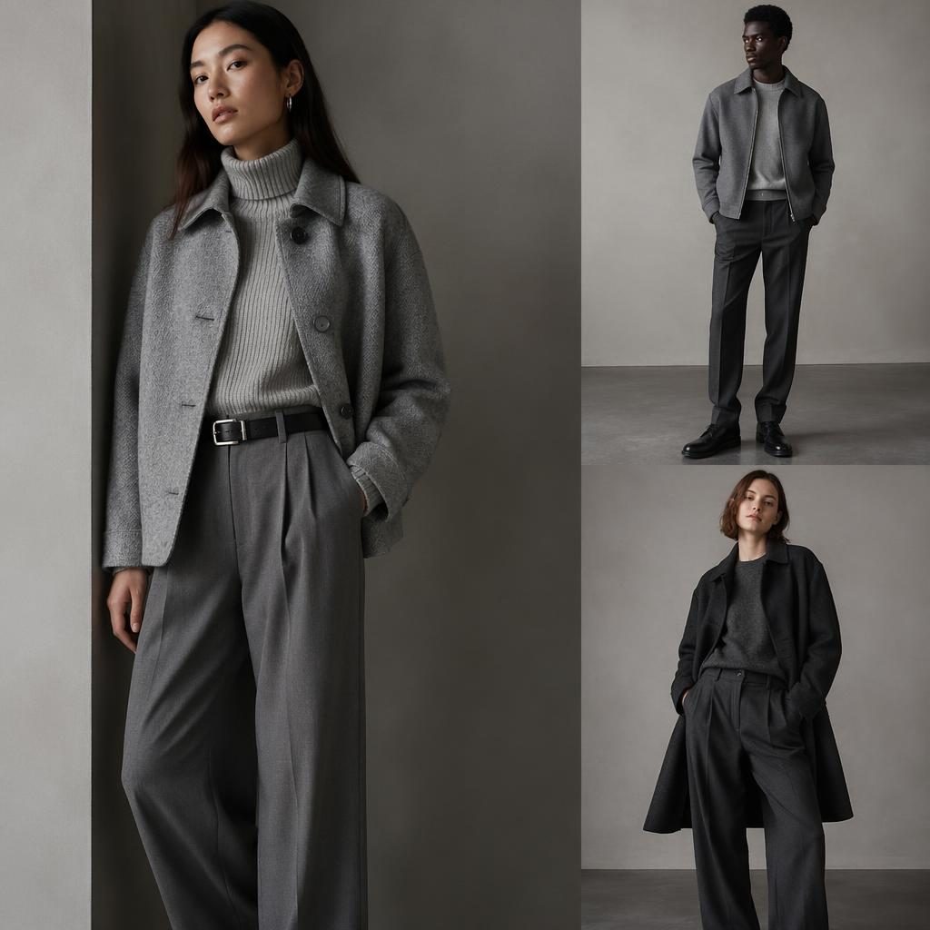 Editorial fashion lookbook photo of a generic model in a Club Monaco-inspired outfit in a neutral studio with cool gray tones