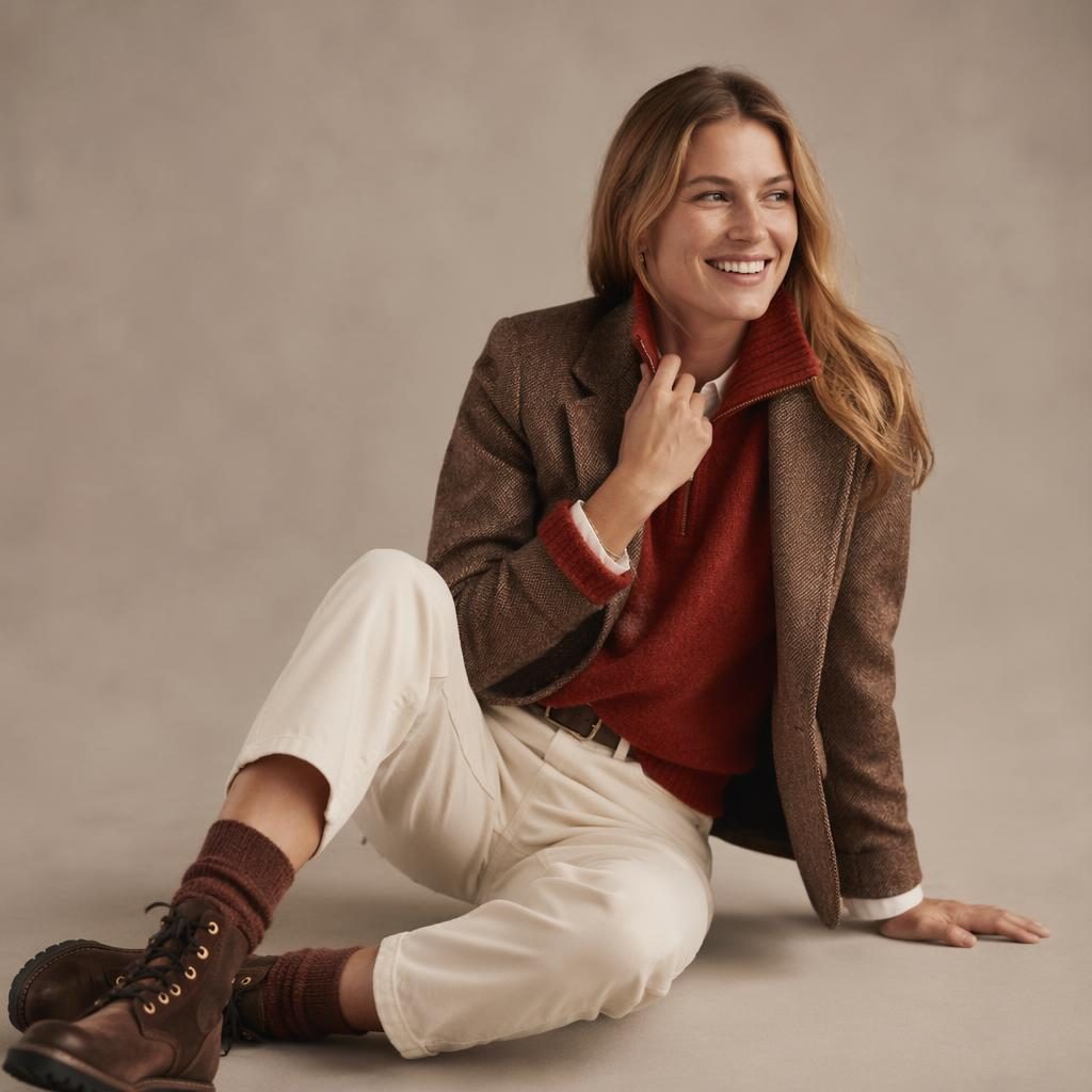 Editorial fashion model in a neutral studio wearing an old money preppy look in autumn rust tones, posed candidly.