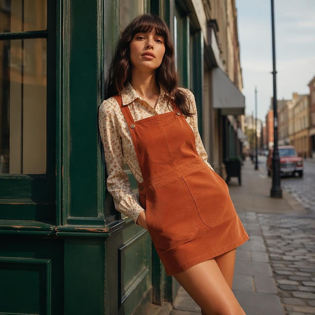Model in a mini boden catalog outfit standing on a city street, styled with a vintage 70s look and bold colors
