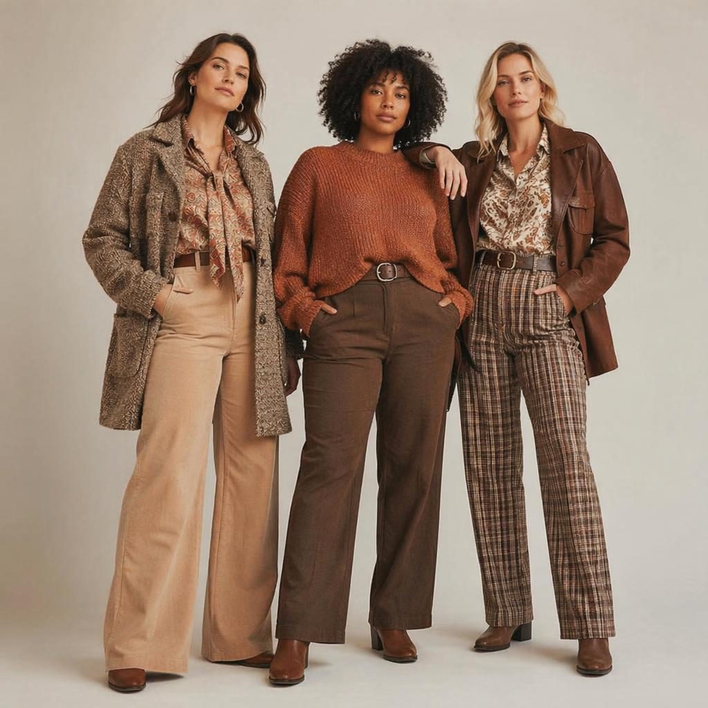Editorial fashion model in vintage 70s-inspired clothing in a neutral studio with warm earth tones and a confident pose
